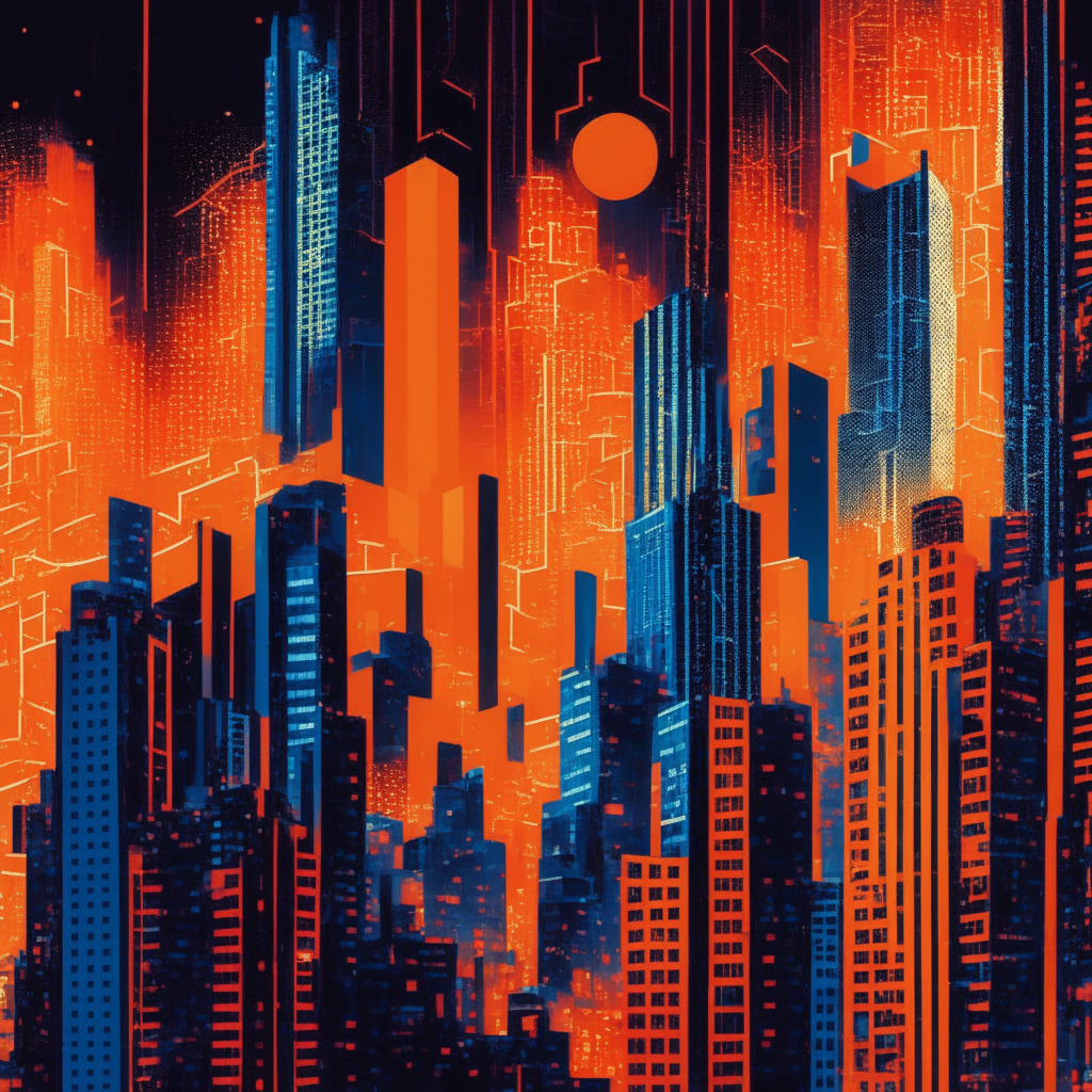 Twilight-lit digital cityscape in a Picasso style. Skyscrapers tilt and sway embodying the waltzing dance of Bitcoin, Chainlink, and Ethereum, symbols for each on their facades. Sweeps of oranges and reds depict the market downturn, colliding with cool blues of an emerging surge for Chainlink. A subtle vista of a tech cityscape denotes a tech stock sell-off. Mood: Uncertain yet hopeful.