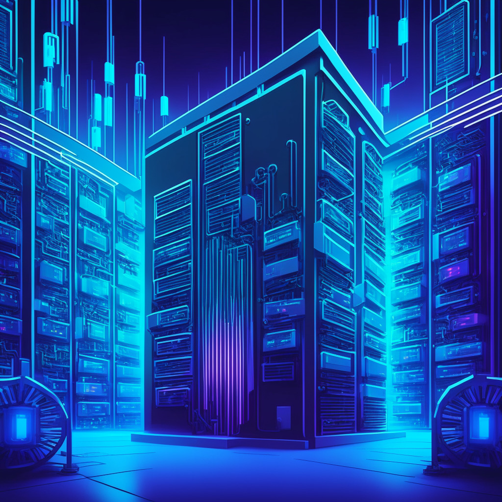 Digital illustration of a futuristic metallic data center surrounded by crypto mining rigs slowly morphing into advanced AI models. The center, pulsating with hues of neon blue and cold silver, symbolizes cutting-edge technology. Shadows cast a suspenseful mood, underlining the concept of strategic change. The transition beautifully depicted by a gradient of warm to cold colors.