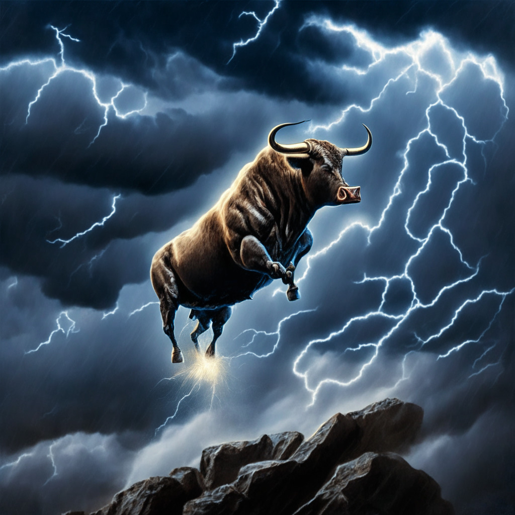 A vivid image of a bull riding a Bitcoin coin up a steep slope against a stormy sky demonstrating the uncertain rising pattern of BTC price. The bull symbolizes classic bull market behavior, about to leap into the skies, reflecting the exhilaration and risky nature of this possible first stage bull market. The light setting is dim yet dynamic, illuminating the vibrant storm with streaks of lightning, emphasizing the volatility, enthusiasm, and enduring spirit of the Bitcoin hodlers. The image is to be created in an artistic style that merges both realism with surrealism to capture the unpredictability and intensity of the cryptocurrency scene.