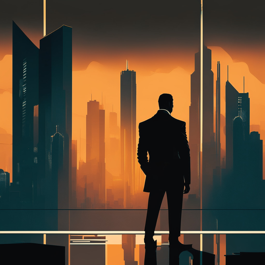 Iconic scene of a man standing alone in imposing office, backlit by a futuristic city skyline at dusk, representing a tough journey through volatile crypto world. The ambiance is imbued with cold tones of minimalism, reflecting tension and ambition. Carefully blended Art Deco and Neo-futurism styles create a sense of grandeur and struggle. Man holds an abstract representation of a Solana token glowing softly, while a smartphone in the other displays a QR Code. The mood is daring, symbolizing the resilience and innovative spirit of crypto pioneers.