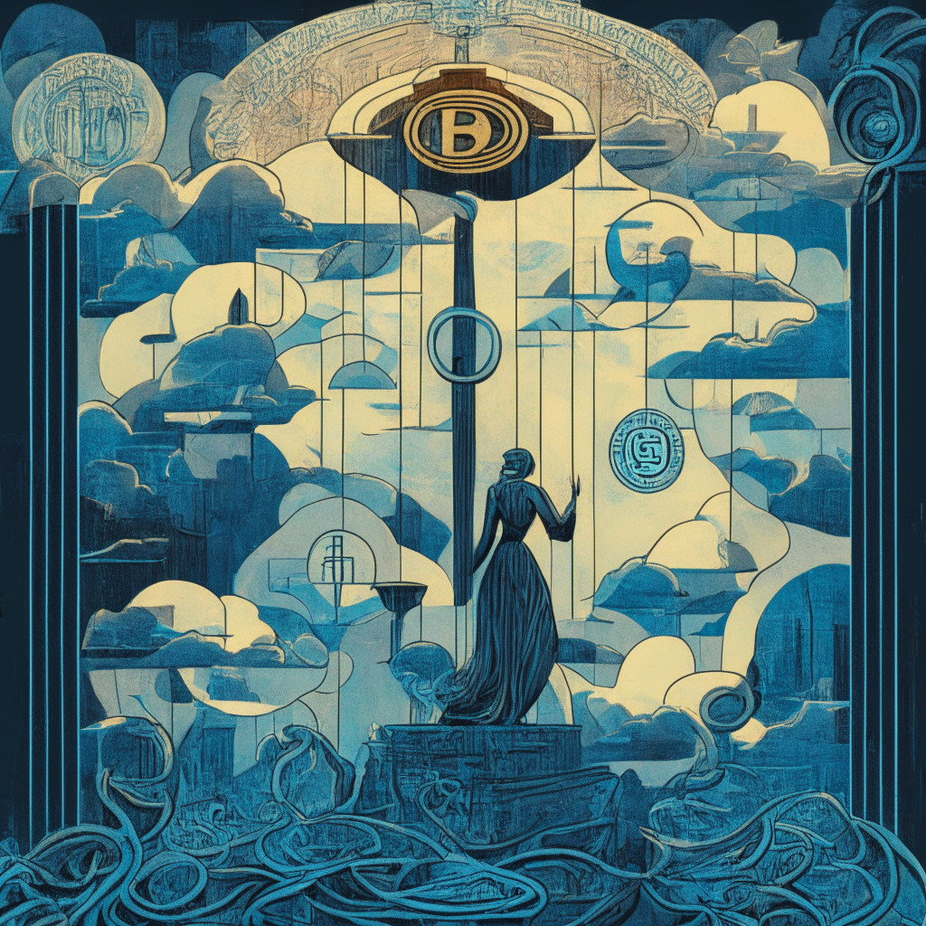 Visualize a symbolic scene employing the art nouveau style, depicting the perplexity of cryptocurrency regulation. In the heart of the image, an individual being detained, representing the uncertainty in crypto laws. The atmosphere is tense, under an ominously hued sky. The backdrop is filled with abstract representations of judicial scales, cryptographic symbols, and juxtaposed entities denoting key cryptocurrencies. The scene captures the essence of conflict between old laws and modern platforms.