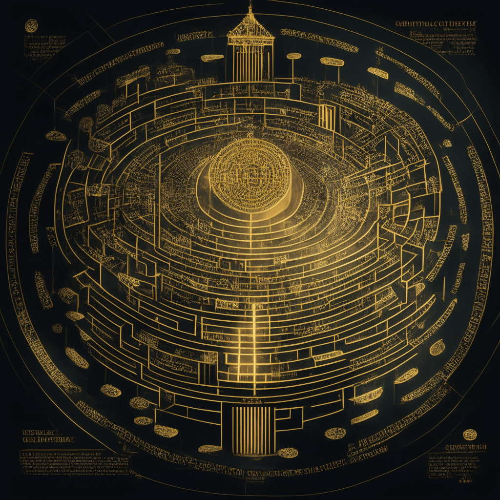 A complex labyrinth of legislative bills symbolizing crypto regulation, subdued lighting reflecting ambiguity, Gothic style architecture representing governmental structure. Shimmering golden coins embodying cryptocurrencies, a tension filled, muted discussion space, an overlay of transparent justice scale illustrates consumer protection.