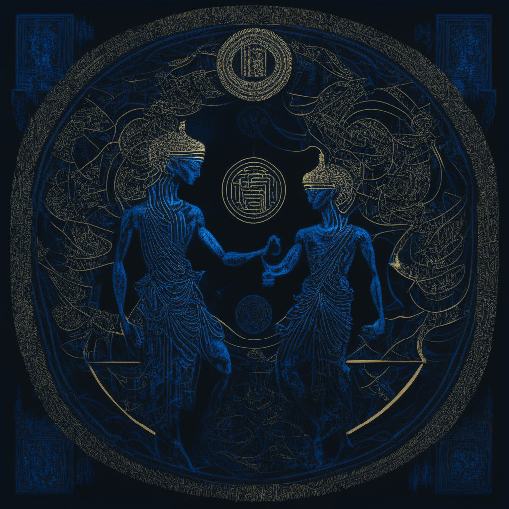 A majestic, abstract depiction of two titans: Thailand and Singapore, awash in the dark hues of midnight blue and shadowy black. The image's atmosphere is tense and austere, an encapsulation of regulatory tightening. Intricate, geometric patterns represent intricate legal frameworks. Their grasp tightening on a scattering of glinting golden coins symbolizing cryptocurrency, contrasting the somber palette, imbuing an element of risk. The deeper, murkier colors reflect the governing bodies' cautious position on digital currencies. The scene illuminates with a crisp, moonlit light to highlight the serious, wary mood.