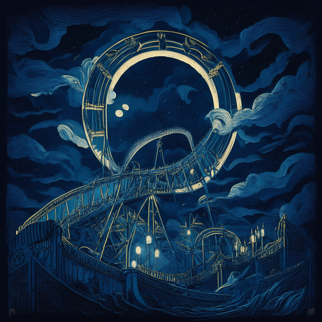 A nighttime scene on a roller coaster looping against a moonlit, stormy sky, with various hues of blue and gray to reveal the volatility. The roller-coaster sparks with golden light symbolizing Bitcoin's fluctuations. Mood is tension-filled yet enticing, with a sophisticated art nouveau style.