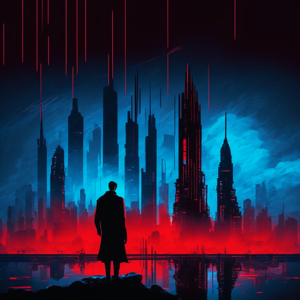 Dystopian cyberpunk cityscape reflecting the world of digital currencies, detailed skyline featuring scam signals radiating from social media towers, dominant hues of electric blue and crimson red expressing threat and caution. A lone figure silhouetted against crypto symbols, solemnly contemplating, representing the vigilant investor. Artistic noir lighting, with suspenseful mood-filled atmosphere.