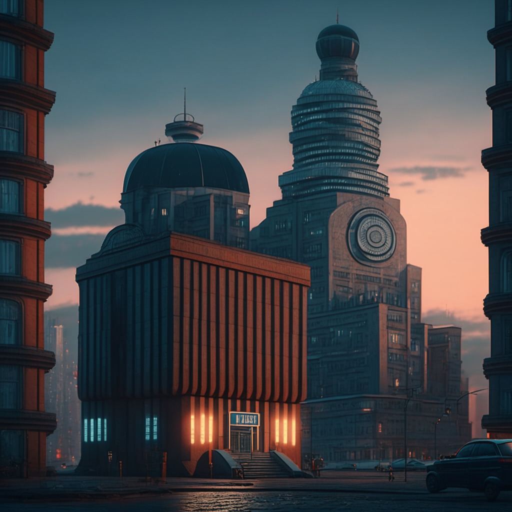 A paradoxical scene in a Russian cityscape at dusk, displaying a tangible tension between old-world architecture and futuristic digital elements. A looming, intangible digital crypto coin balancing above a traditional brick tax office, signifying the ambiguous crypto taxation. Render it in a surreal, dystopian style, illustrating the mood of regulatory confusion, inconsistency, and suspicion.
