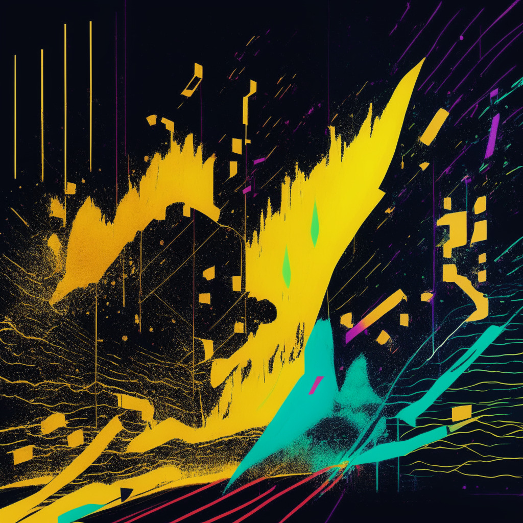 An abstract representation of two trends racing, one symbolizing the stock market and another embodying the digital currency market. Incorporate neo-expressionism style, a dark atmosphere for showing uncertainty, specks of gold hinting at Bitcoin, and colorful streaks for NASDAQ's surge. Suggest a looming shadow representing predicted volatility and possible downturn.