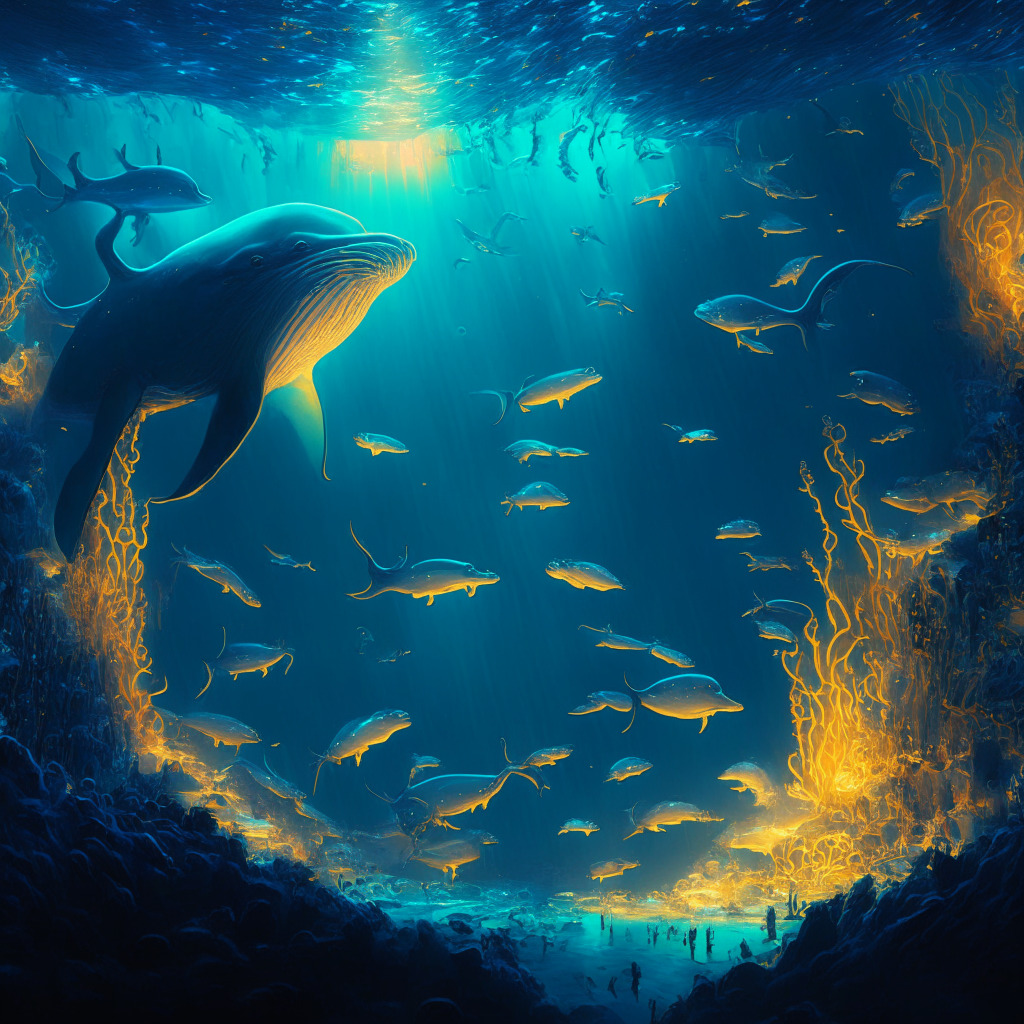 An enigmatic scene of an underwater kingdom deep in a vast ocean, filled with colossal whales, representing crypto investors, glowing amber, symbolising a vast fortune of Ethereum. The whales are captured in fluid motion, a few are moving toward a distant island (the exchange), beautifully illuminated in soft light indicating change. The waters display a mix of calm and turbulence, signifying the market's unstable dynamic. The entirety painted in the style of a late renaissance masterpiece, exuding an atmosphere of mystique and speculative intrigue.