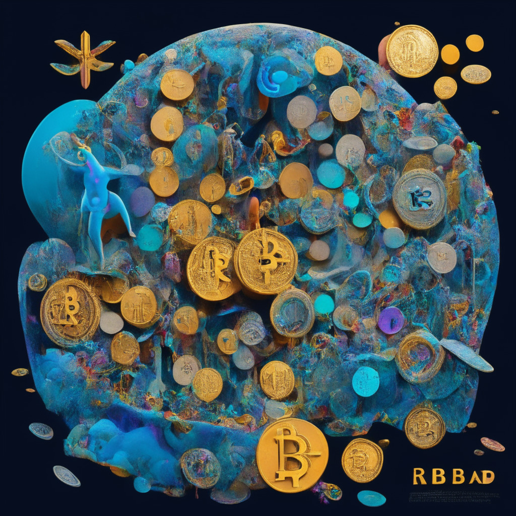 An imaginative visualization of the volatile cryptocurrency universe, dominated by coins like $XRP2.0 and $BEBE, infused with an aesthetic reminiscent of Salvador Dali's surrealism. Incorporate the dramatic rise of these digital tokens, a palpable sense of risk and adventure, and the whimsical allure of meme coins. The artistic rendering should be characterized by a colorful palette, use of dramatic contrast for a spotlight effect, and a sense of chaos and unpredictability that mirrors the market's mercurial nature. Emanate a mood of excitement mingled with cautious optimism.