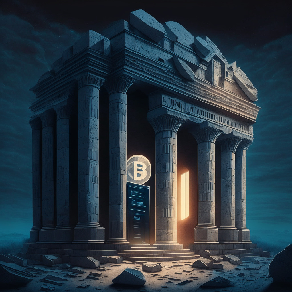 A visual representation of the conflict between traditional banking and cryptocurrencies. Features a classic stone bank facade with closed doors, symbolizing the denial of service - juxtaposed with a shining, futuristic digital landscape on its other half, representing the rise of crypto, in a twilight setting filled with looming shadows. Art style should evoke an emotion of unease and shift of power.