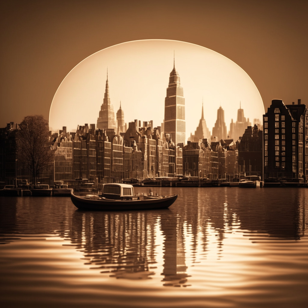 A sepia-toned skyline of Amsterdam, a large digital coin signifying cryptocurrency prominently displayed, an act of registration in the foreground. The atmosphere is a blend of vintage and modern style, illustrating forward-thinking progression. Early evening ambient light, casting subtle shadows on the cityscape. The water reflects the anticipation of change, contrasting the stringent regulatory vibe.