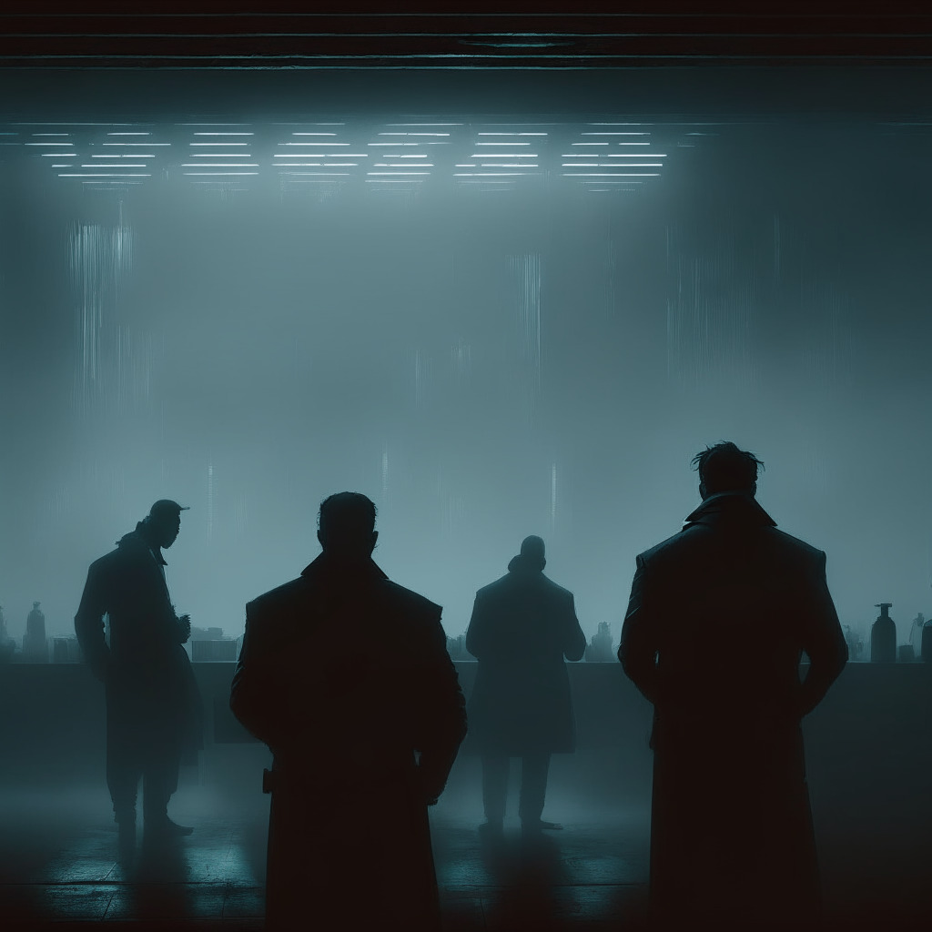 Neo-noir crypto exchange scene brimming with tension, dimly lit, foggy background obscures a looming digital arena. Figures line up to exchange cryptocurrency bounties, while shadows whisper secrets of unsolved blockchain heists. A silent tug-of-war between anonymity and justice unfolds.