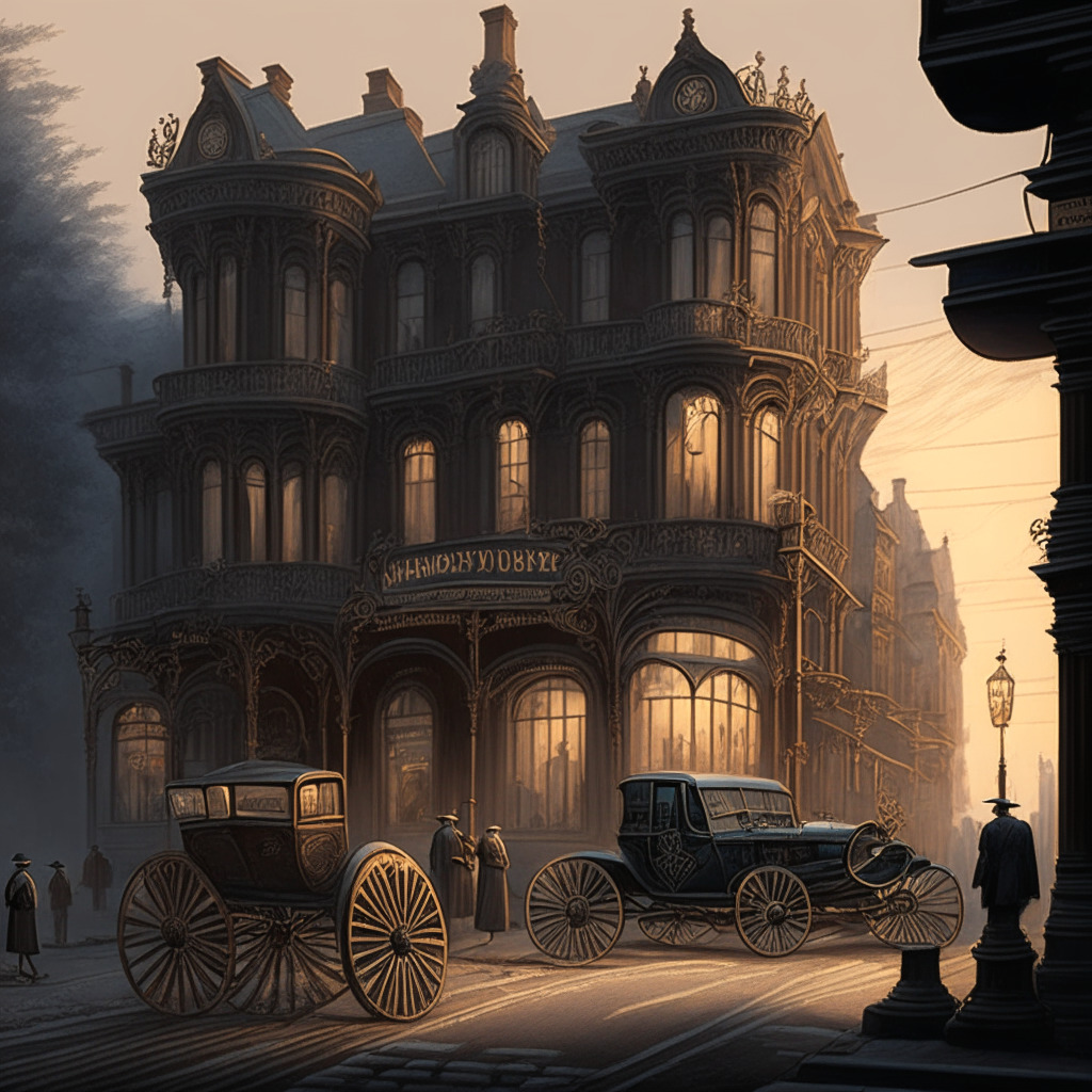 Victorian-era streetscape with intertwining elements of emerging technology, Illustrate an 1890s style automobile exemplifying cryptocurrency. Invoke moody, dusk light setting casting long shadows. Depict elements of confusion and scams through ambiguous characters interspaced throughout the scene. Highlight cooperative exchange through shared tools or patents. Convey mood of uncertainty but underlying hope, in muted watercolor tones.