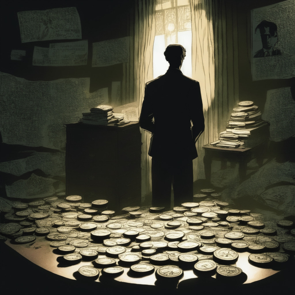 A dimly-lit room, an elegantly arrayed table piled high with obscure documents and cryptocurrency symbols etched onto physical coins. Behind it, an atmospheric shadowy figure representing George Santos caught in waves of Vortex Art style symbolizing political turmoil. Also, a bright spot depicts Robert F Kennedy Jr., as a hopeful beam of light embodying optimism, standing next to a hybrid Bitcoin-and-Dollar symbol, signifying support and progress. The mood is a blend of suspicion, anticipation, and hope.