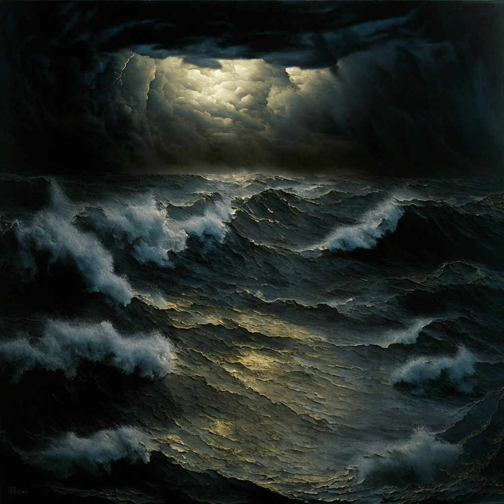 Dynamic stormy financial seascape at dusk, intense shades of metallic grey, darkened blues and subdued hints of gold highlighting turbulent waves. Central, starkly contrastive Ripple coin stands on precipice, bracing for 40% plunge into abyss below, indicators flashing ominously in background. Chiaroscuro lighting, renaissance-style painting, imbued with an air of anticipation and uncertainty, caution and hope intertwined, reflecting the volatile nature of cryptocurrency market.