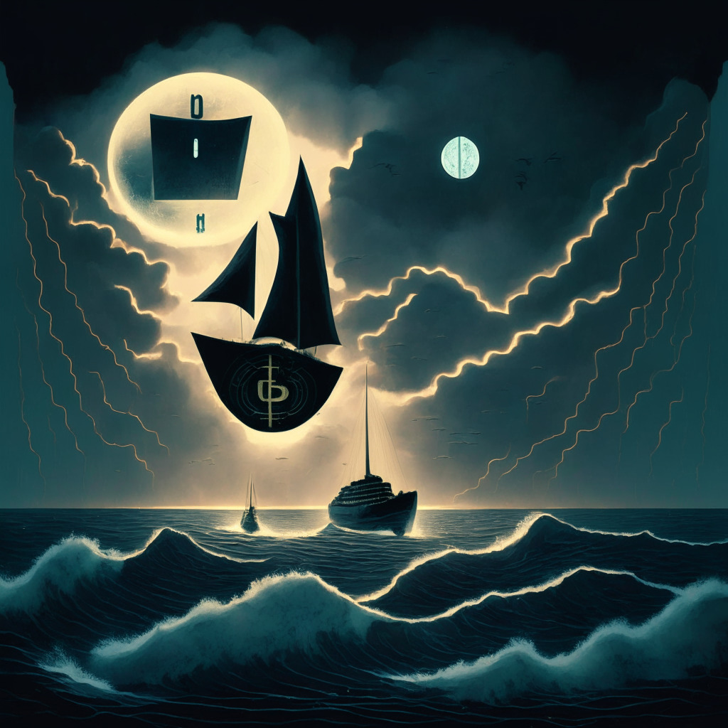 A dusky financial dreamscape, replete with an upturned Bitcoin ship teetering on the brink of a tempestuous sea, dimly illuminated by a distant horizon glowing with the promise of SEC approval. Hovering Ethereum, XRP, ADA, and SOL symbols, bobbing slightly before gently bouncing back. A giant figure akin to Binance's Head of Law Enforcement, diligently fighting against invisible crypto crimes. The scene permeated with a sense of suspense and mystique, evoking feelings of optimism amidst uncertainty. A single beacon of light piercing the gloom, hinting at the emerging promise of a Bitcoin ETF.