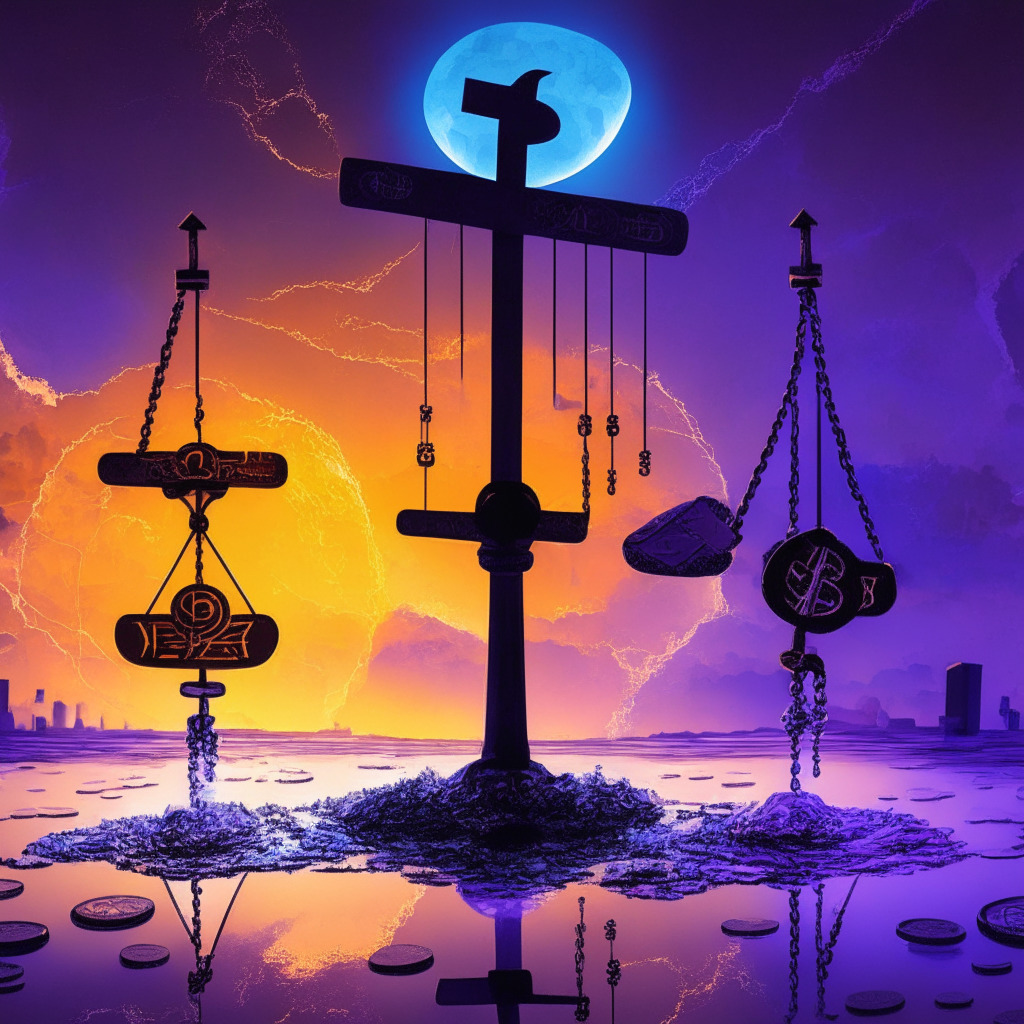 A hybrid world blending traditional finance and futuristic cryptocurrencies under a glowing sunset sky, One side bathed in warm and electrifying lights signifying potential and excitement, the other drenched in darker hues of blue and purple, symbolizing uncertainty and skepticism. A seesaw balancing BTC, ETH and XRP against a question mark, A concentrated beam of light, representing policymakers and regulators, scrutinizing this financial scale. The mood fluctuates between hopeful anticipation and cautious circumspection.