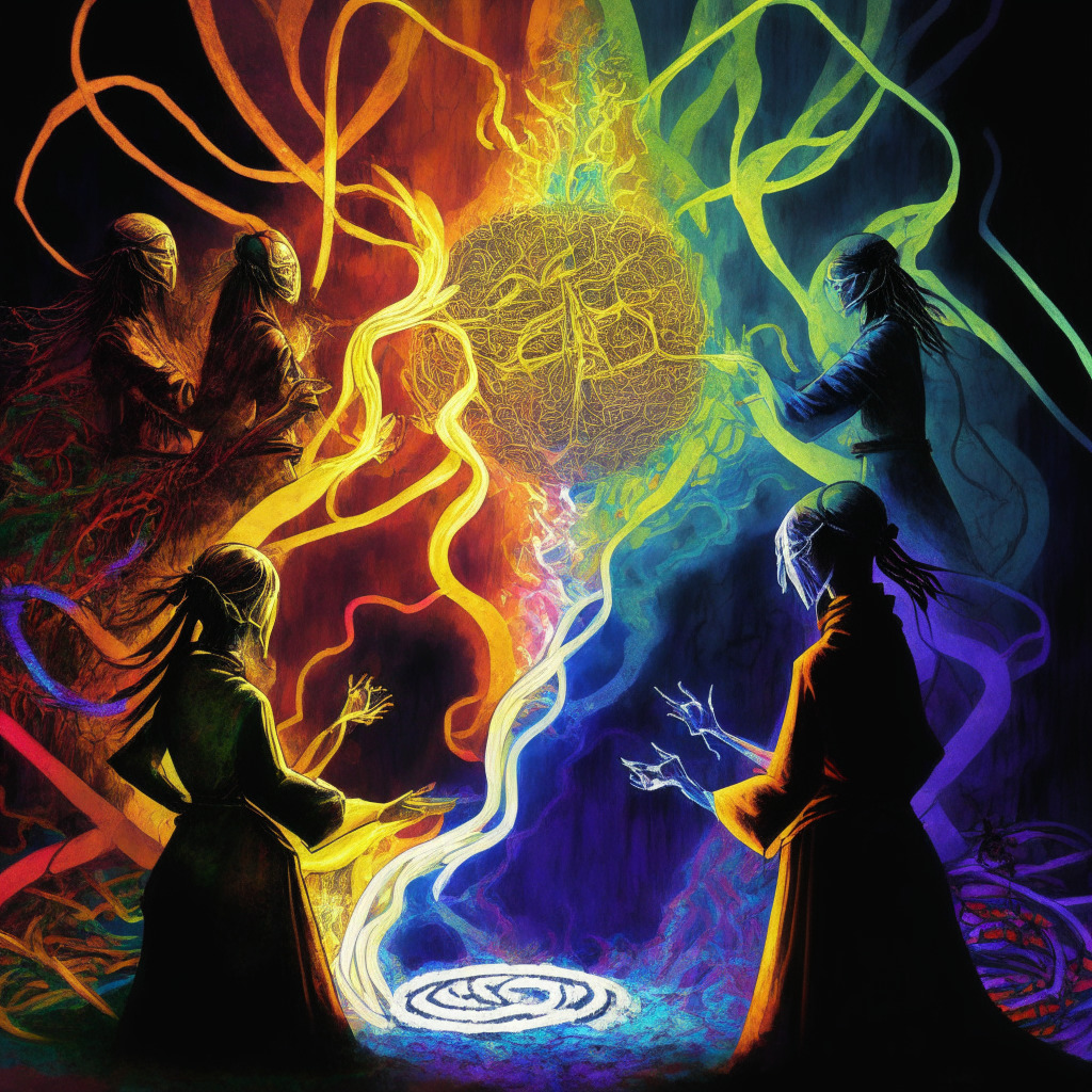 Digital representation of Azuki NFT community divided - on one side, distraught members scrutinizing intertwined threads of a potential scam, on the other, resurrecting a DAO with rainbow-colored Ether coins. Intense clash of fiery light and dark shadows signifying high tension, painted in a surrealistic style. Mood: emotive, dramatic.