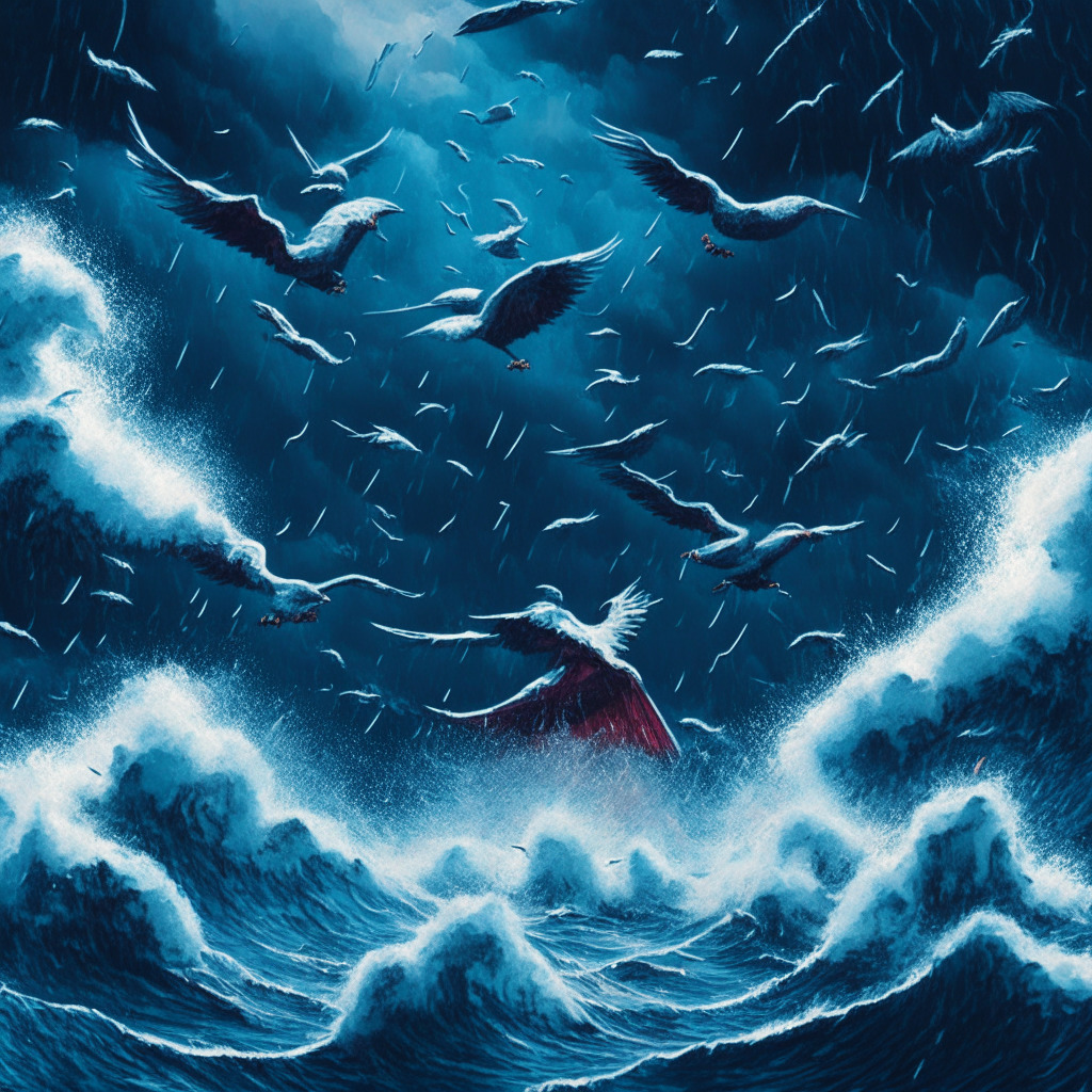 An enthralling financial storm at sea, with towering waves representing fluctuating cryptocurrency values in hues of blues and reds, Bitcoin as the thunderous dark center wavering near the $30K mark. Twitter birds fluttering about in dreary anticipation, amidst vivid flashes of silver highlighting the soaring value of LINK. Light is cast in a tense, apprehensive ambiance. A blend of realism and surrealism styling captures fluctuating markets, uncertainty, hope, and risk in the digital financial landscape.