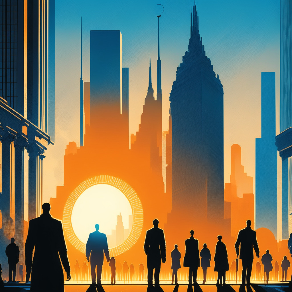 Daybreak over a futuristic city skyline, silhouettes of towering buildings juxtaposed with digital bitcoin icons, skies casting cold blue hues, fade into warm oranges symbolizing the fluctuating job market. Shadowy figures queue in front of a grand, neoclassical Federal Reserve building, the public scale; a contrast to the high-tech backdrop, painting a picture of tension and anticipation.