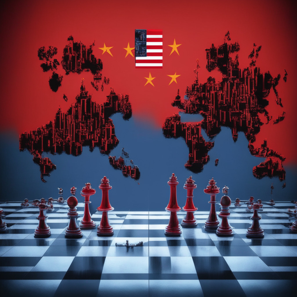 A visually striking image depicting the crypto supremacy race between U.S. and China in a metaphorical chess match. The chess board represents the global stage of blockchain technology. On one side, indicate the U.S. with traditional western chess pieces, conservative and hesitant in their moves, under dim, cautious light. On the other side, China with vibrant red pieces, aggressive, and assertive in their strategy under bright, ambitious light. In the background subtly indicate shadowy figures of crypto traders, tech innovation, digital currencies, and possible regulatory bodies, set against the dusky hues of a looming storm representing regulatory challenges.
