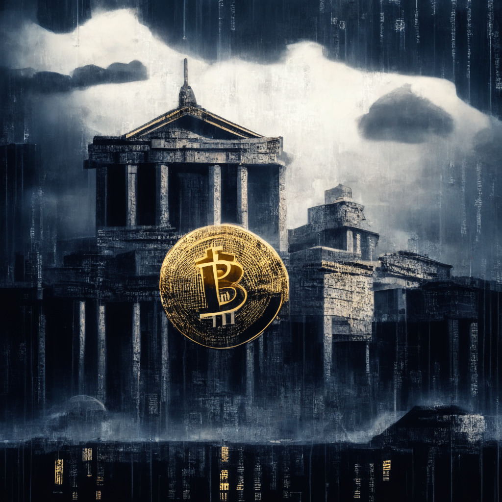 A complex interplay of corruption and digital currencies in Taiwanese politics, austere mood. A visual blend of traditional and modern elements: ancient architectural building symbolizing political power in Taiwan, glistening metallic Bitcoin and Ethereum coins foreground, cascading binary code, looming dark clouds depicting uncertainty. Abstract impressionism style, low, moody lighting.