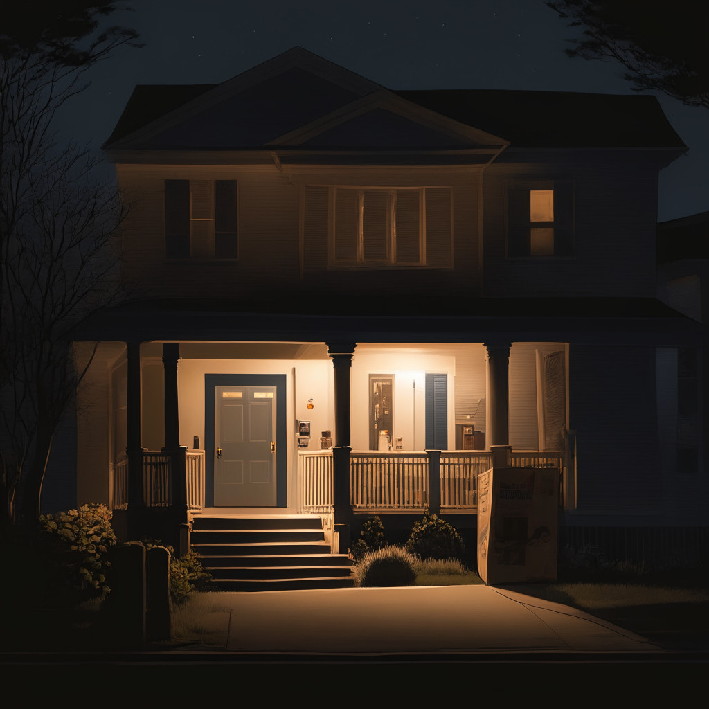 Dusky, eerily quiet suburban house under the soft glow of twilight, portraying both calm and potential danger. Scattered delivery packages on the porch, a hint of danger lurking around your daily routine. A faux delivery driver with a hidden, ambiguous face lurking in the shadows, symbolizing a hidden threat. The interior of the house shows a cryptocurrency mining setup with screens glowing with digital currency symbols, subtly hinting at the wealth inside. The image has an overall sense of ominous mystery, capturing the mood of paranoia and threat emerging from the anonymous nature of high-value cryptocurrency investments.