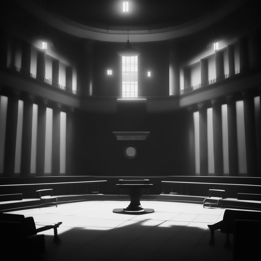 A minimalist courtroom symbolizing the legal ramifications surrounded by cryptocurrencies floating in the air, representing the controversial funding drama. Render the image with a film noir style to portray the intrigue involved. The light setting is a dim, spotlit trial scene evoking a suspenseful atmosphere. The majority of the image is in monochrome colors to set the mood of seriousness and tension.