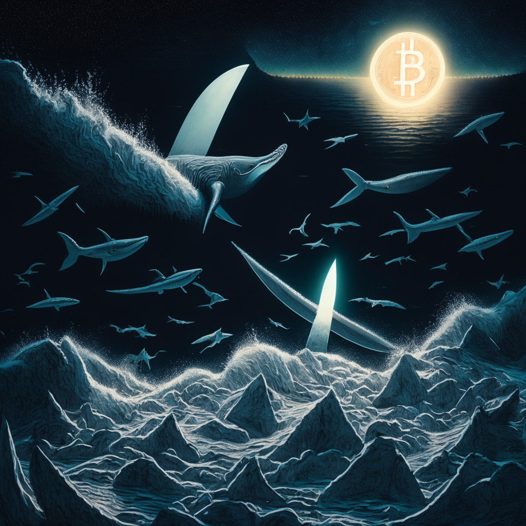 A dramatic nightscape depicting cryptocurrencies on a knife's edge, illuminated by a contrasting play of light and shadows, A Bitcoin teetering precariously on a razor's edge, Ethereum straining above a rising wave, minuscule figures- whales, undeterred by the uncertain path below. The mood is tense yet filled with anticipation, rendered in a surrealistic style, symbolizing a volatile market.