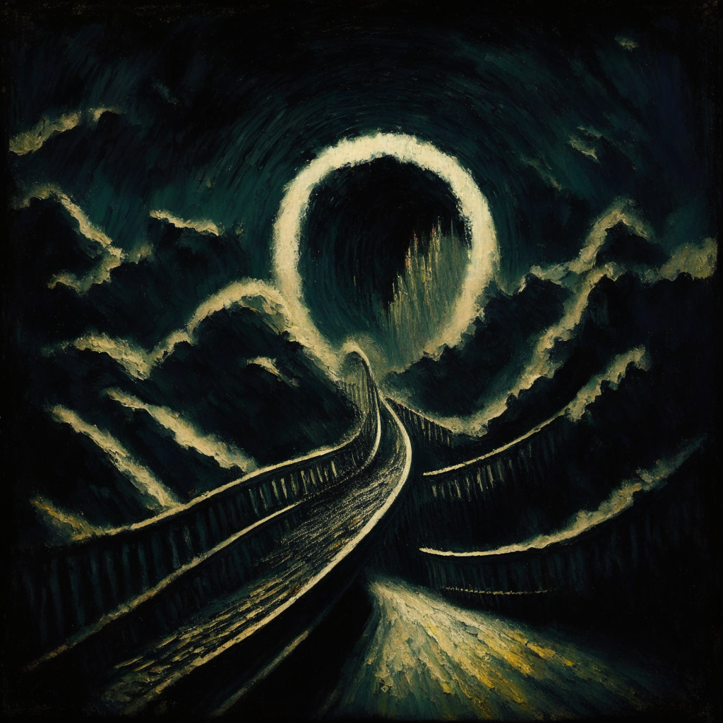 A dramatic scene on a roller coaster, embodying the volatile nature of Bitcoin's market value. The coaster descends into a dark tunnel, symbolizing a slump with the light at the end suggesting potential rise, painted in oil to add a lyrical realism touch. The palette should be wistful and dull yet hopeful, using the ethereal glow of moonlight to capture the uncertainty and cautious optimism dominating the current cryptocurrency climate.