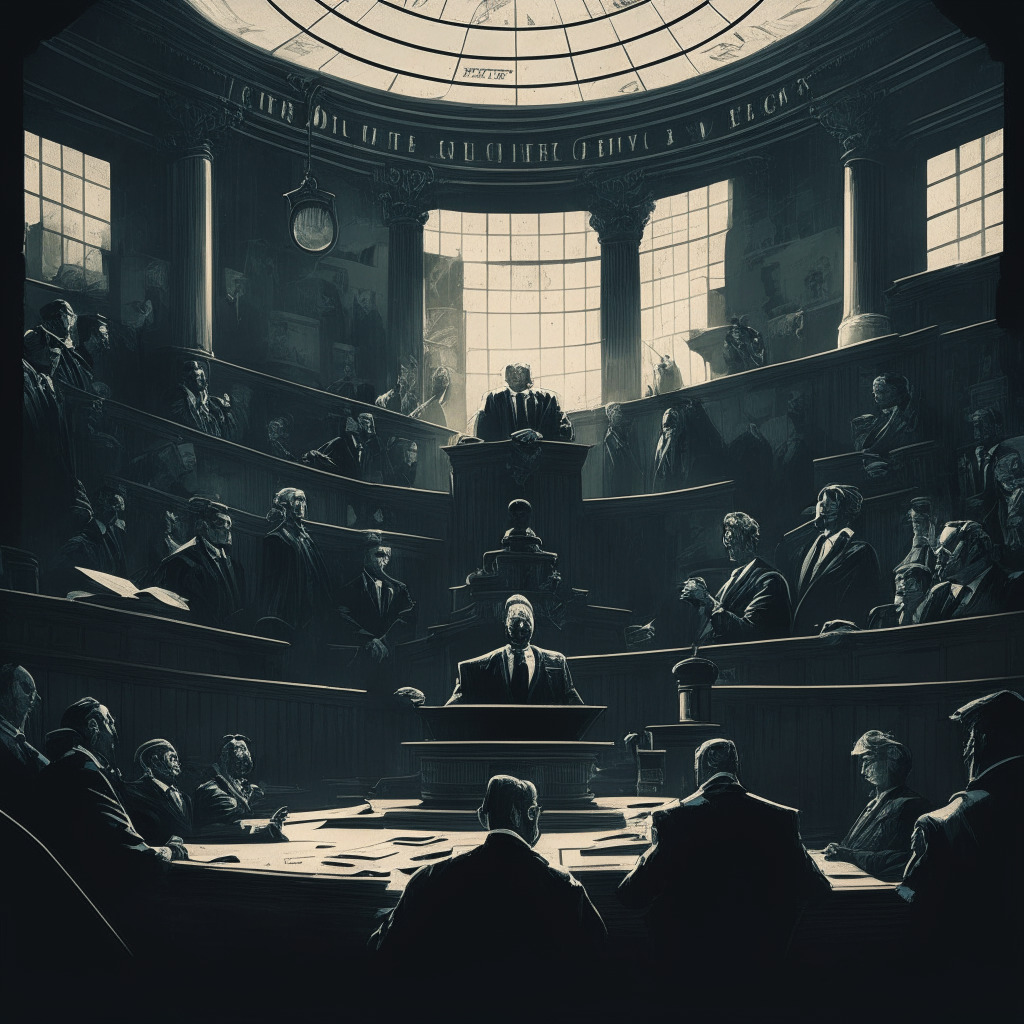 A gritty courtroom depicted in a chiaroscuro style, representing the tumultuous state of the cryptocurrency regulatory landscape. The image illuminates key figures including a stern judge, defendants with a mix of expressions from apprehension to defiance, and shadowy governmental figures upholding symbols of justice. The windows cast a soft, dubious light onto a falling pile of cryptographic symbols, creating a mood of uncertainty and tension.