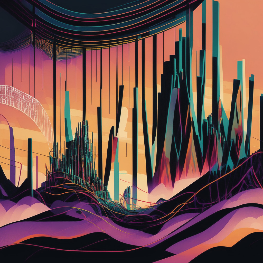 A digital landscape at dusk, a suspended roller coaster navigating the fluctuating lines of graphs, sharp upward spikes, dramatic drops, shadows of bullish and bearish figures. Artistic style is Surrealism with deep and saturated colours. The terrain features signs of different cryptocurrencies amid an iconic courthouse in a distance. Predominantly cool tones to depict financial uncertainty, stirring ambiguity in the air, echoing the mood of a cryptosphere navigating unpredictable regulatory environments.