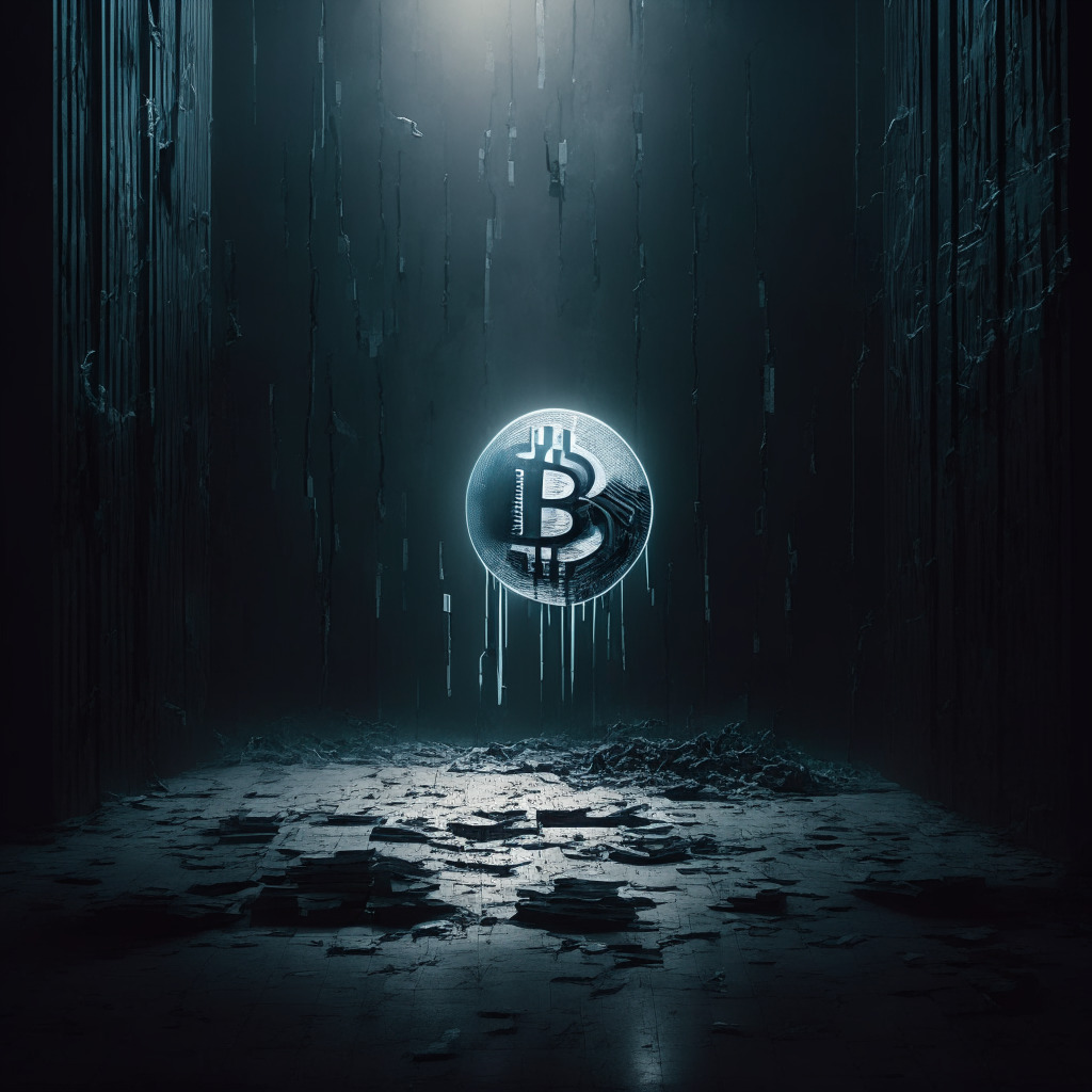 A mysterious, ominous scene encapsulating the world of cryptocurrency amidst risks and vulnerabilities, a vanishing cash-flow symbolic of the $24 million loss, abstract representation of a exploited smart contract portraying the reentrancy attack under a dim, sinister lighting. Mood: stark, unsettling.