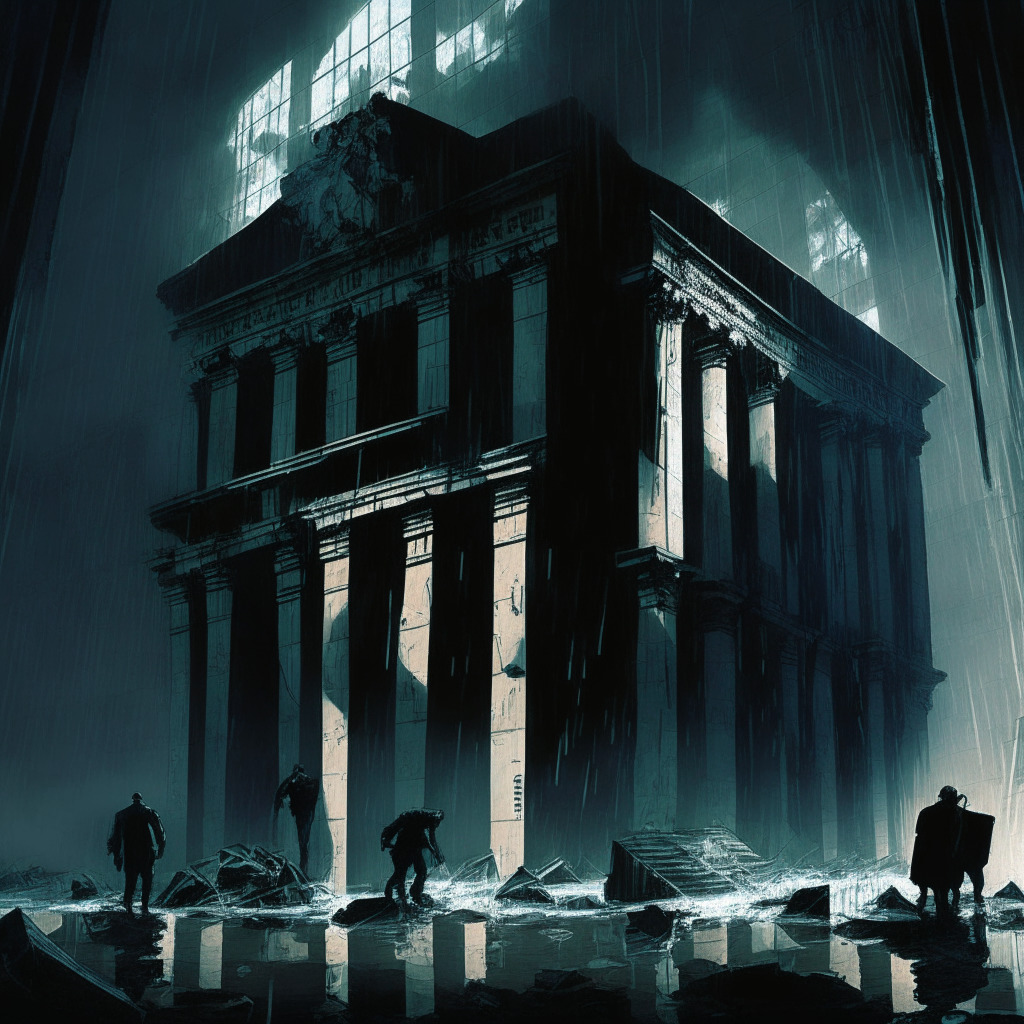 A surreal scene reflecting the troubled nature of the defunct FTX Crypto Exchange. Depict a crumbling stock exchange building under harsh, ominous lighting, encapsulating a sense of uncertainty. Include a figurative representation of phishing attempts as shadowy figures lurking nearby, subtly present email envelopes. Suggest malfeasance with an undercurrent of threat. Artistic style should recall film noir, emphasizing deep shadows and stark contrasts enhancing the mood of impending danger.