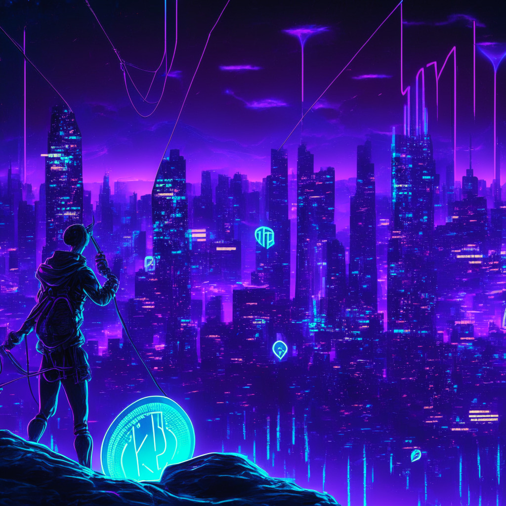Captivating scene in cyberpunk style, showcasing a dynamic digital stock market with cryptocurrency charts. TRON coin on a tightrope over a city skyline at dusk, hinting at the thrill of uncertainty. Deep blues and purples set a moody, dramatic tone, while shimmering neon lights denote volatility and high stakes. Include meme coins as blimps soaring above, indicating their eye-catching rise.