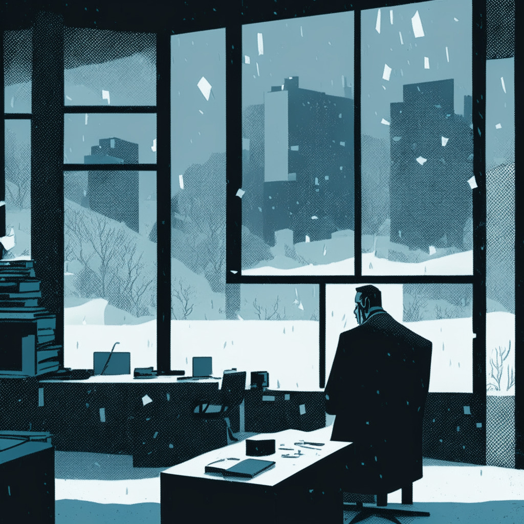 Dusky, somber office scene in a stylized cubist art style, scattered staff desks hinting at recent layoffs, a sighing CEO figure in the foreground intensifying the melancholy mood. A visible, icy winter landscape through the window alludes to the crypto winter. A diminishing graph line representing declining NFT value is subtly incorporated.