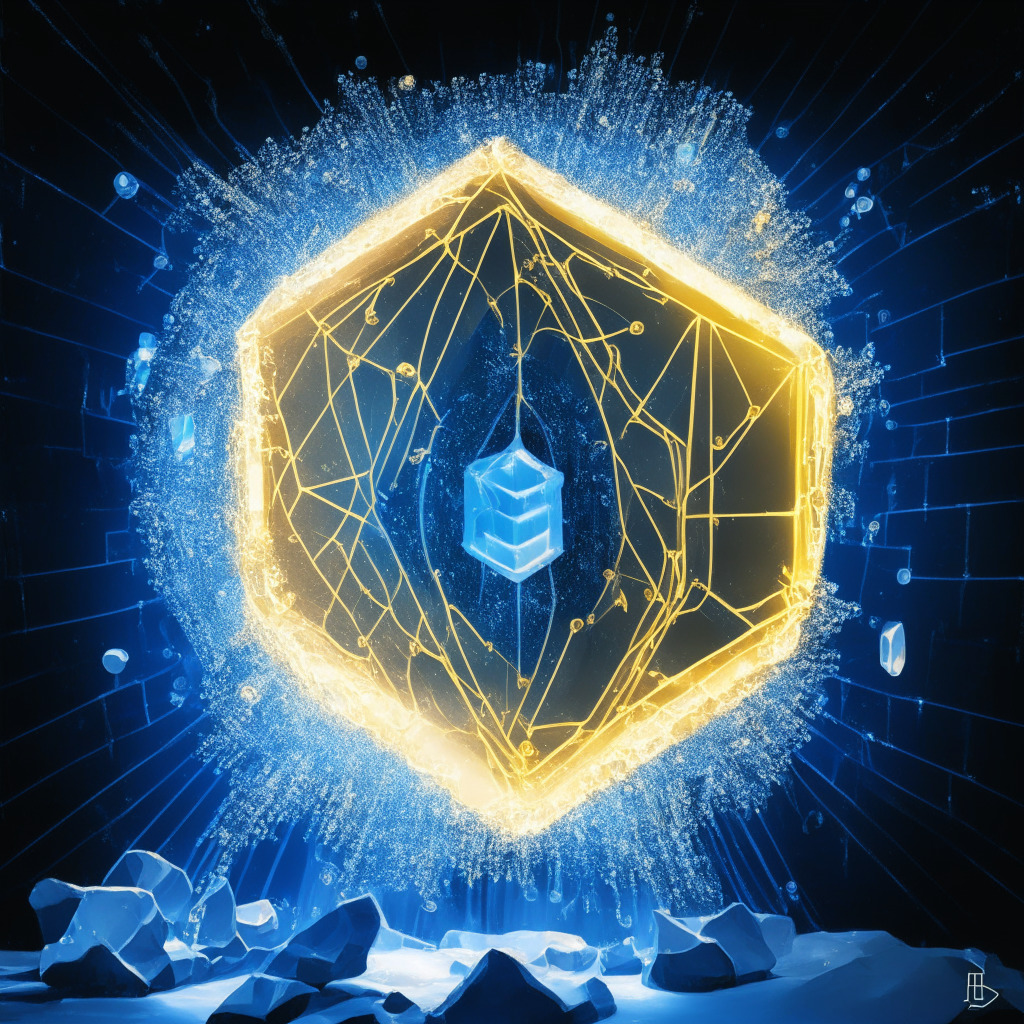 A metaphoric visual of Ethereum with a large, transparent security shield, illuminated by soft, golden rays of hope against a dark backdrop reflecting turbulence, signifying a protective layer to demonstrate proposed DeFi circuit breakers. Intertwined are transaction chains, frozen mid-action in icy blues - symbolising halted transactions. Interpret this in an abstract, cubist art style, embodying both technological sophistication and the shadowy, complex realm of DeFi, portraying an atmosphere of caution, diligence and promising security.