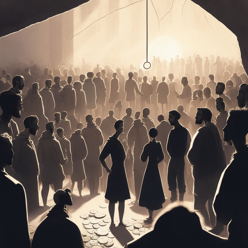A thought-provoking scene of a community congregating around a suspended silver coin, symbolizing DeFi's halt to lending amidst loan defaults. Evening light casting long, dramatic shadows, emphasizing the sense of turmoil. Each face in the crowd a study of concern, resolution and camaraderie. Background hinting Ethereum's rustic architecture in contrast with sleek modern fintech structures. Mood - vigilant yet optimistic.