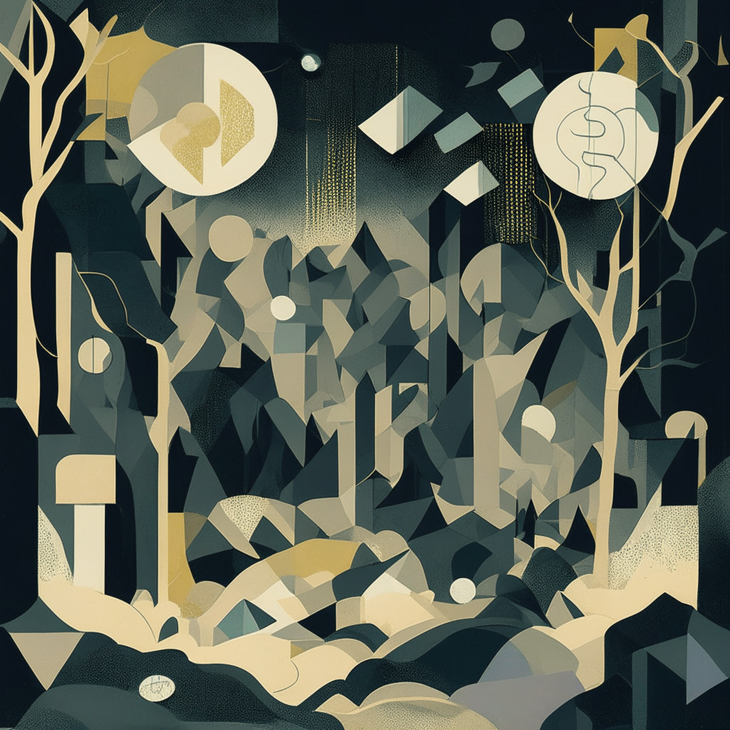 Shadowy representation of the decentralized finance landscape, a breached digital vault spilling a cascade of ether coins, alluding to Conic Finance's loss. Use a range of cold, muted palette, fostering a feeling of disquiet and worry. Infuse the artwork with elements of cubist style to hint at the curve ecosystem. The setting should be dusky, resembling twilight blue to emphasize uncertainties and risks.
