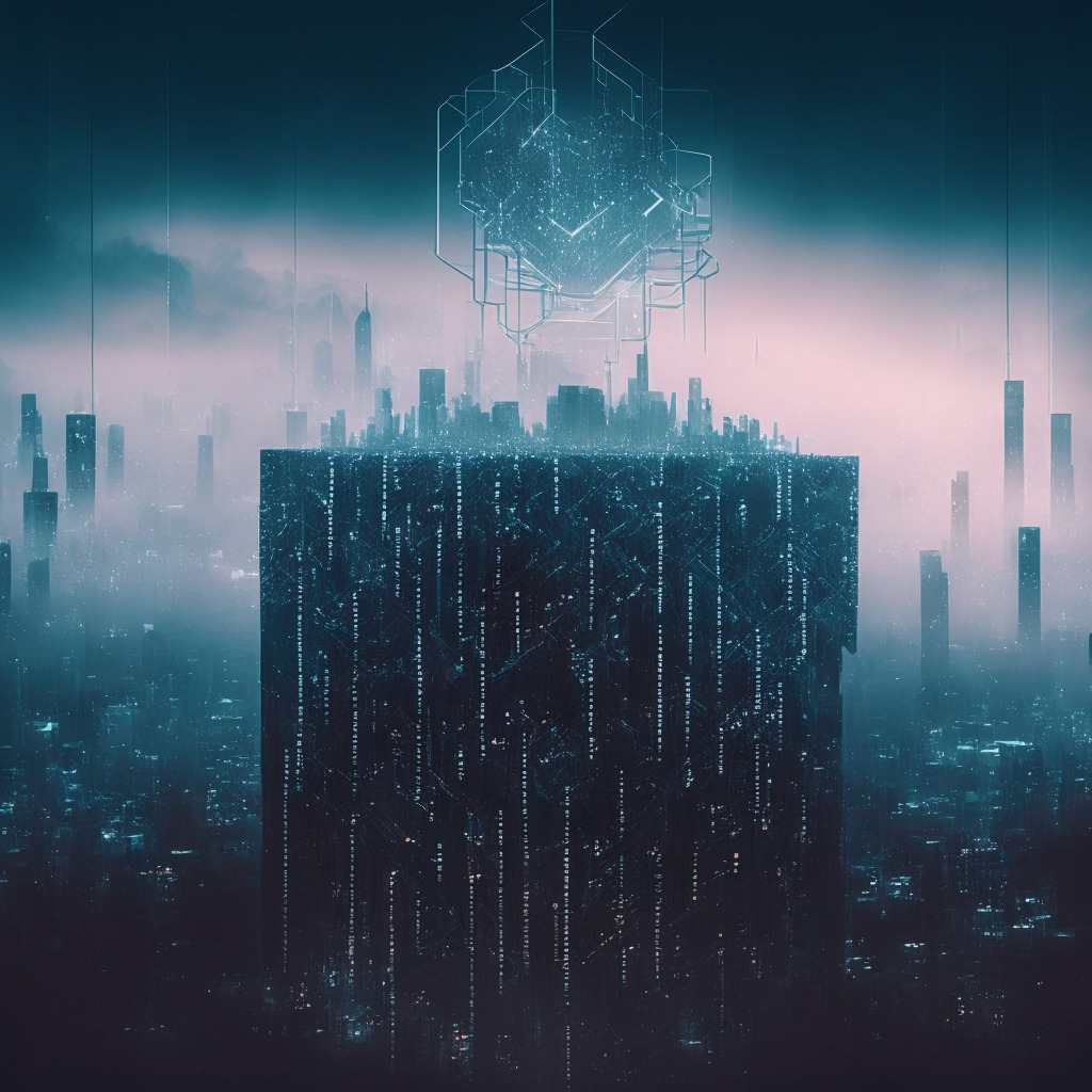 A twilight-shrouded futuristic cityscape modeled with Decentralized Finance motifs, Sky-high buildings joining up with intricate blockchain web, representing innovation and complications. A looming gateway represents the centralized exchanges blending with DeFi, surrounded by ephemeral fog. The overall mood is speculative yet tense. Include an abstract visualization of U.S senate bill eliciting anxiety among crypto figures. Polygon Labs directs lights towards small nodes symbolizing its expanding applications and governance modifications. Meanwhile, DeFi tokens transformed into ascending chart elements depict upward trends and volatility. The palette is a blend of cold and warm tones reflecting the dichotomy of financial inclusion and regulatory pushback.
