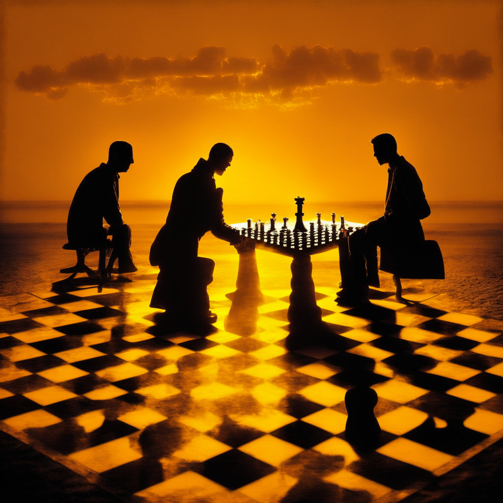 Two figures engaged in a heated discussion on a symbolic chessboard, one resembling Mark Cuban, another as an SEC official, lit by the golden glow of sunset to evoke a sense of critical debate. Underneath, ghostly images of Bitcoins fall, mixing warmth and gloom. Around them, traces of digital codes corresponding to Blockchain technology evoke innovation, progression, resilience. Artistic style: semi-abstract neo-expressionism, mood: contemplative, intense.