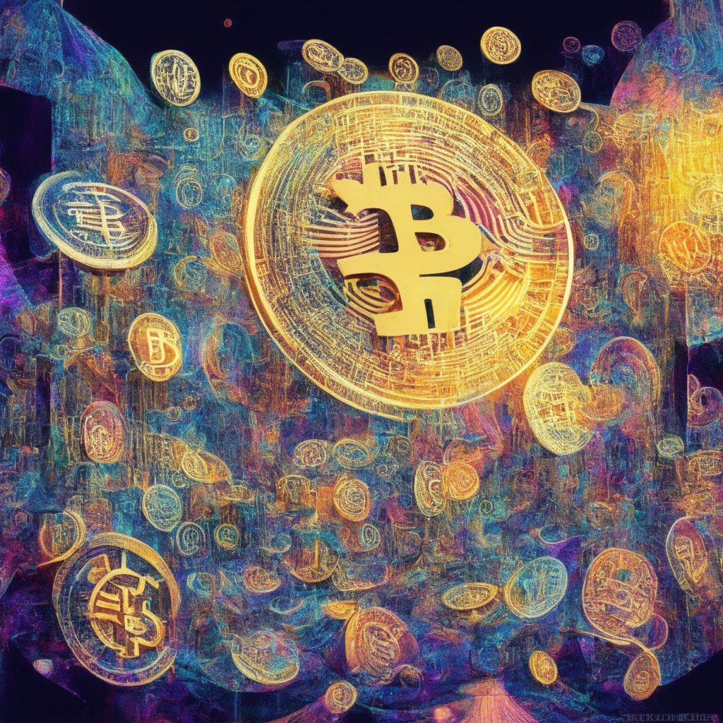 A kaleidoscope of vibrant overlapping digital and traditional currencies, glowing blockchain, stablecoins, and central bank digital symbols swirling in a fluid dance. Against the backdrop of a robust, intricately detailed, vintage banking system, juxtaposed with a sparkly modern payment infrastructure. The image in a monet-esque, impressionistic style bathed in the warm glow of evening sunset, expressing a harmonious fusion of old and new, instilling a mood of optimism and dynamic change.