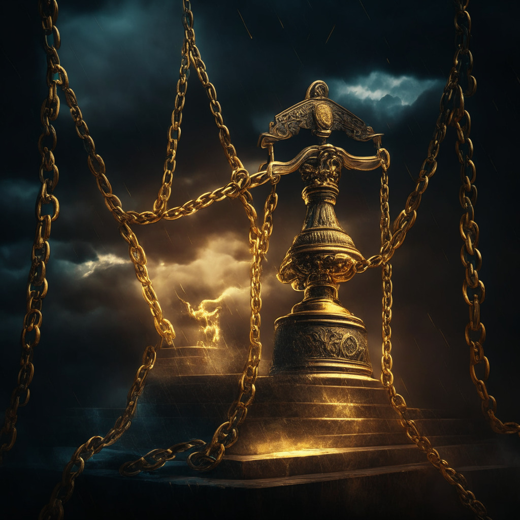 An ornate gavel weighing down on golden, glowing blockchain links, wrapped in chains, against a stormy congressional backdrop, illuminated by a harsh spotlight, symbolizing heavy scrutiny. Classical-realism style, stirring a mood of tension and uncertainty.