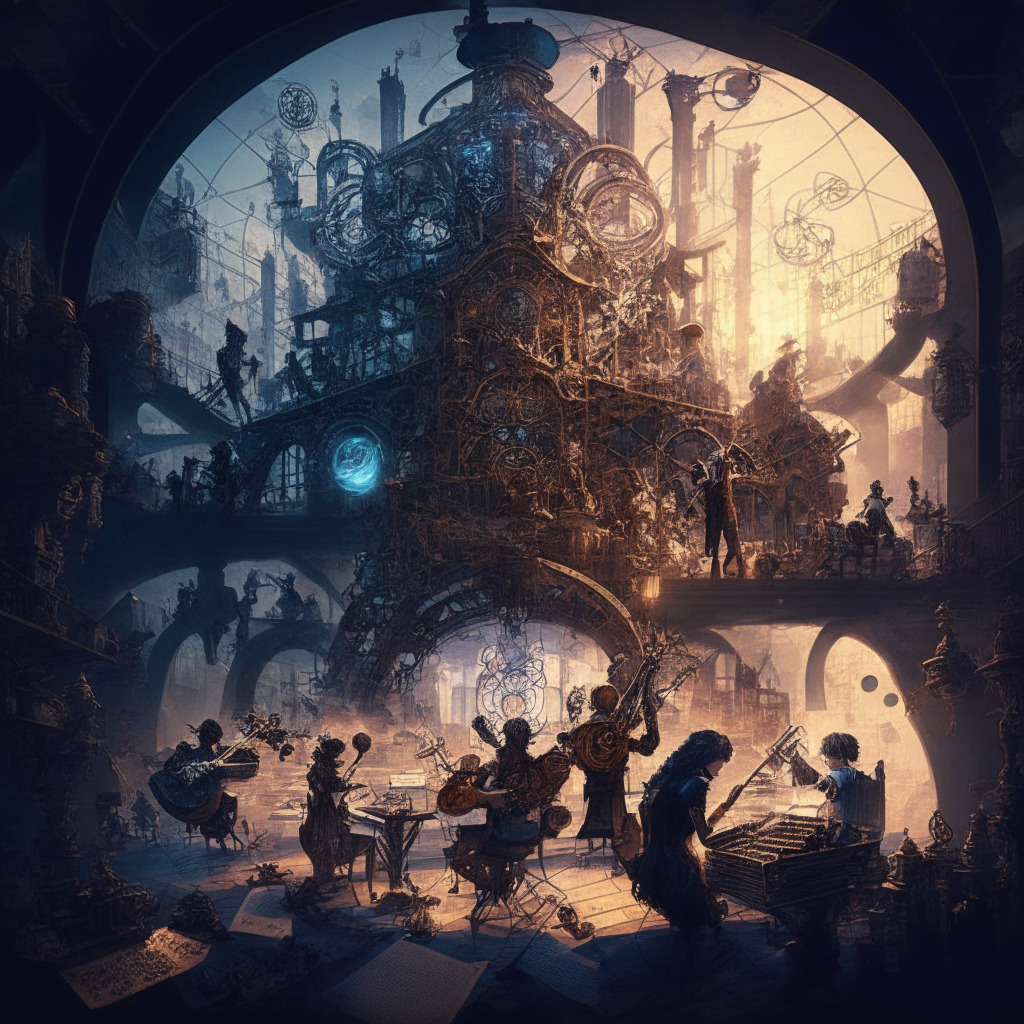 A digital renaissance scene capturing various content creators - authors, musicians, photographers, and artists - immersed in their craft amidst a decentralized, architectural landscape. Rendered in a vivid steampunk style suggesting blockchain structures, dusk-light casting dramatic shadows over the scene. A complex, yet harmonious arrangement suggesting empowerment, ownership, and control while a slightly ominous undertone hints potential pitfalls.
