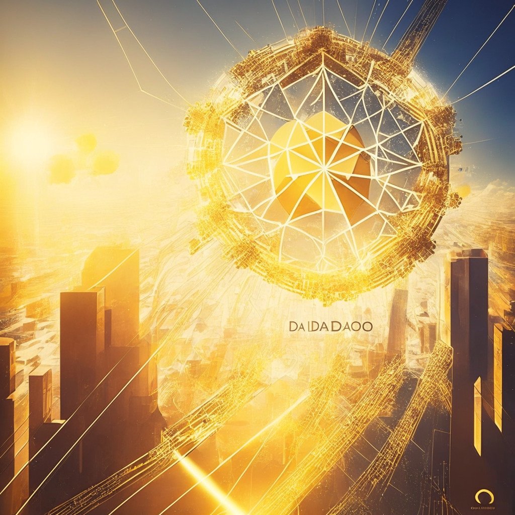 A visionary digital future of finance, full of intricate blockchain connections, bathed in the golden light of innovation, Innovative DAO structures tackle challenges, radiating a sense of determination and resilience. No traditional elements, highlighting the revolutionary aspect of the scene, under a bright, optimistic sky suggesting limitless potential.