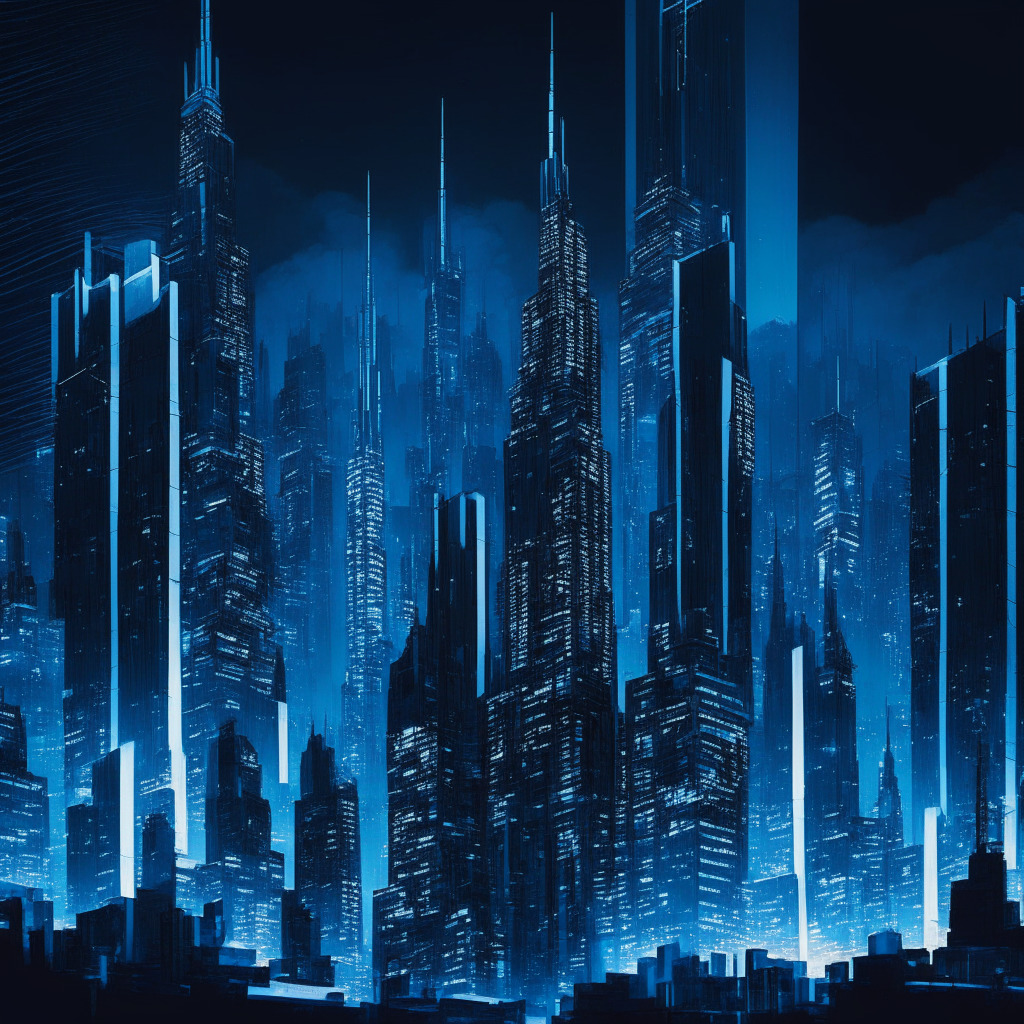 A midnight cyber city skyline, illuminated by electric blues and whites, suggesting the intrigue and tension of the crypto markets. Towering buildings represent dominant DEXs with fluctuating heights showcasing the shift in Total Value Locked. A chilling gust, symbolizing the Curve Finance exploit, breezes through the valley and slightly shakes the walls of the tallest tower. The city streets are lit with the warm, glowing hustle of futuristic brokers, depicting fervor in the perpetual futures market. The nightscape, painted in an abstract realism style, showcases the dynamic, constantly shifting, yet resilient landscape of the digital asset industry.