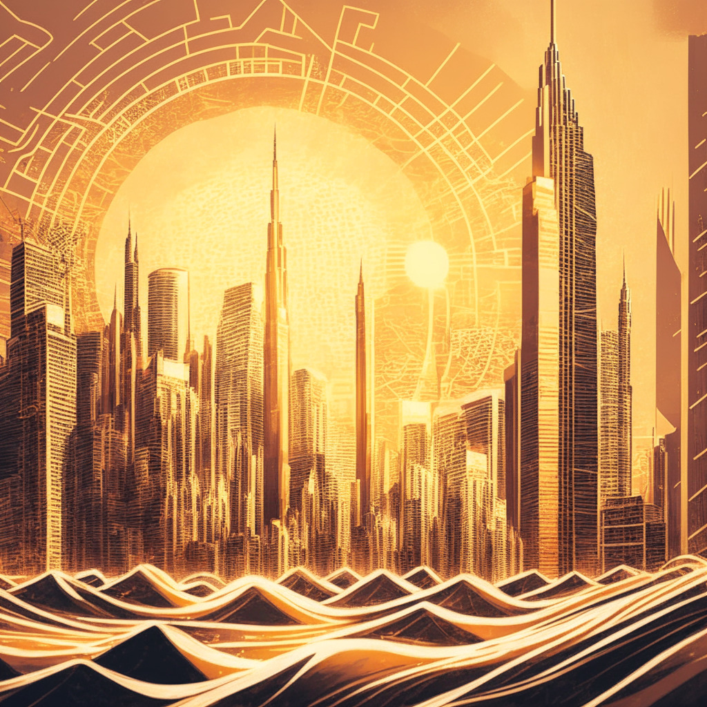 Vintage style artwork showing resurgence wave in a glowing golden light, DeFi projects as dynamic, rising skyscrapers juxtaposed against a backdrop of cool, quiet crypto winter landscape, blockchains as shiny intertwined links, Dubai and Singapore as vibrant open zones, Bitcoin on static forefront, U.S. marketplace on positive trajectory.