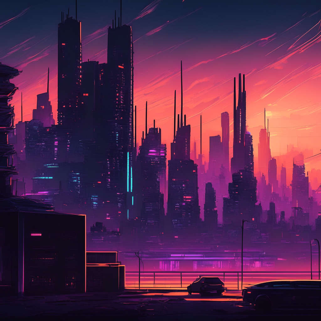 Dusk scene, twilight palette, grand crypto city skyline symbolizing booming decentralized market, key buildings as metaverse workspaces for freelancers, radiant light symbolizing rising success. Artistic style: cyberpunk with a mood of anticipation and triumph. Incorporate elements of crypto, token exchanges, remote work, transparency, and security.