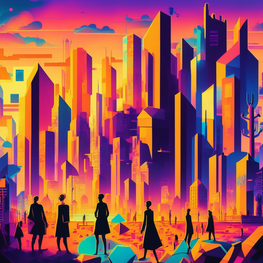 A colourful crypto cityscape at sunset, expressionist style, with figures engaged in P2P exchange, five distinct structures symbolizing Aave, Compound, MakerDAO, dYdX, Fulcrum. Underlying Ethereum blockchain depicted as city foundation, mood optimistic yet alert, hint of risk present.