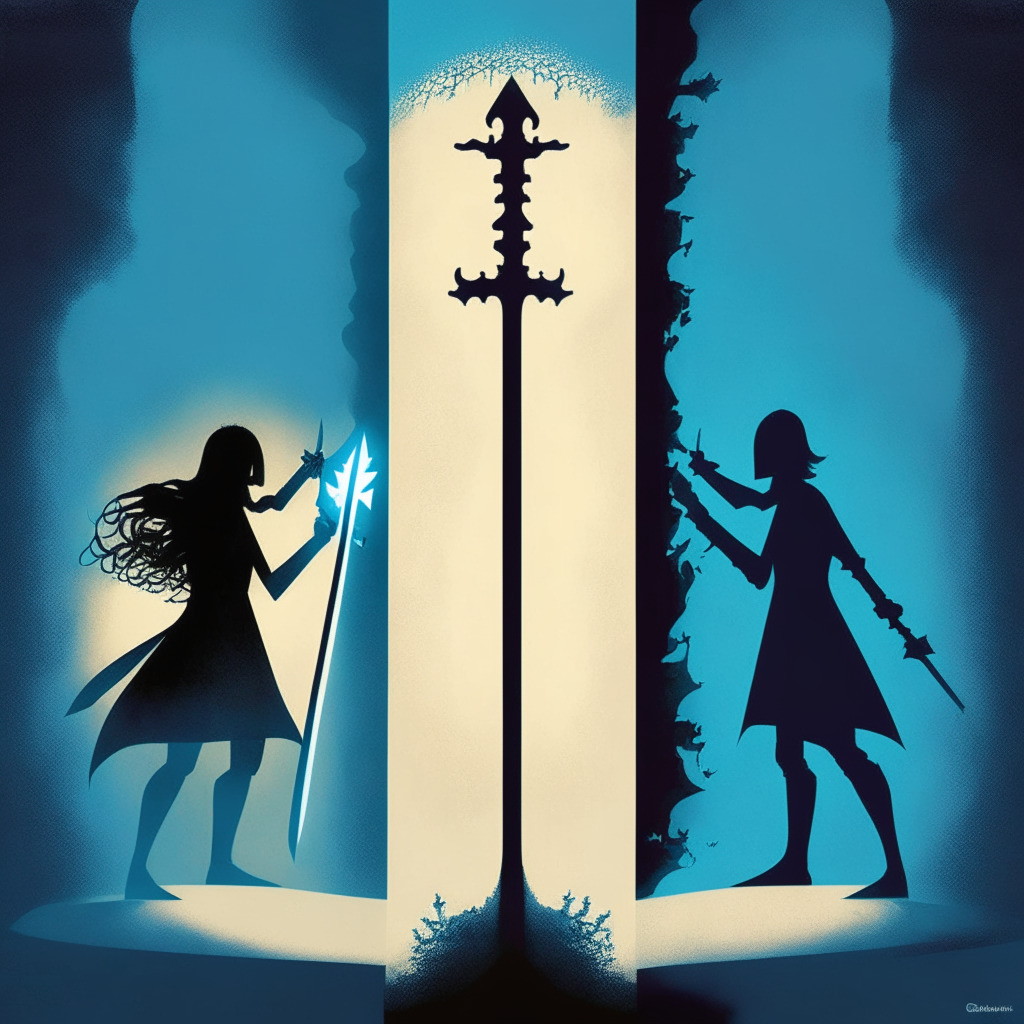 A thought-provoking visual representation of Decentralized Social Media versus Traditional Platforms, expressing mixed emotions of empowerment & anxiety. A contrast of ominous shadows and hopeful light, depicting users tied to centralized platforms, breaking free to join a magical, blockchain-infused realm. A two-sided sword symbolizes benefits and risks.